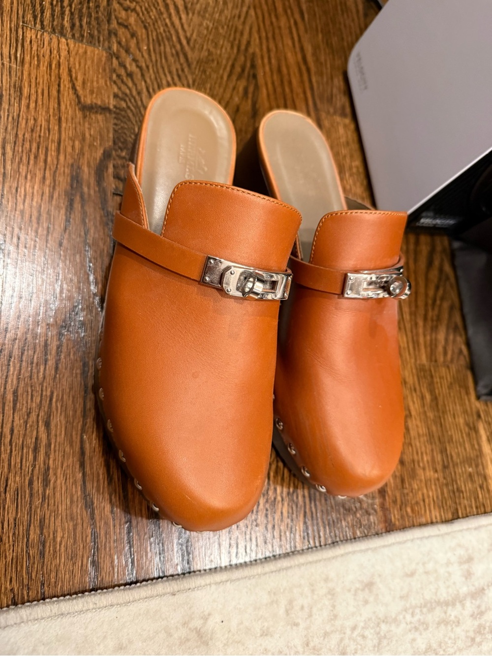 Hermes Cognac Leather Clog Mules with Silver Buckle
